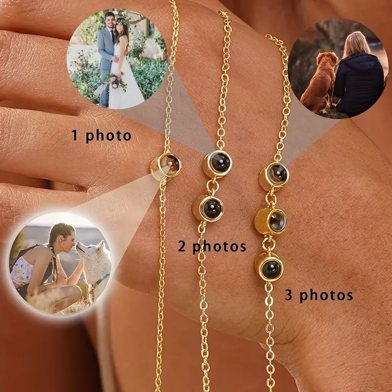 Personalized Photo Projection Bracelet - Gold Color Custom Picture Charm Bangle - Unique Gift for Her/Him - Memorial Jewelry