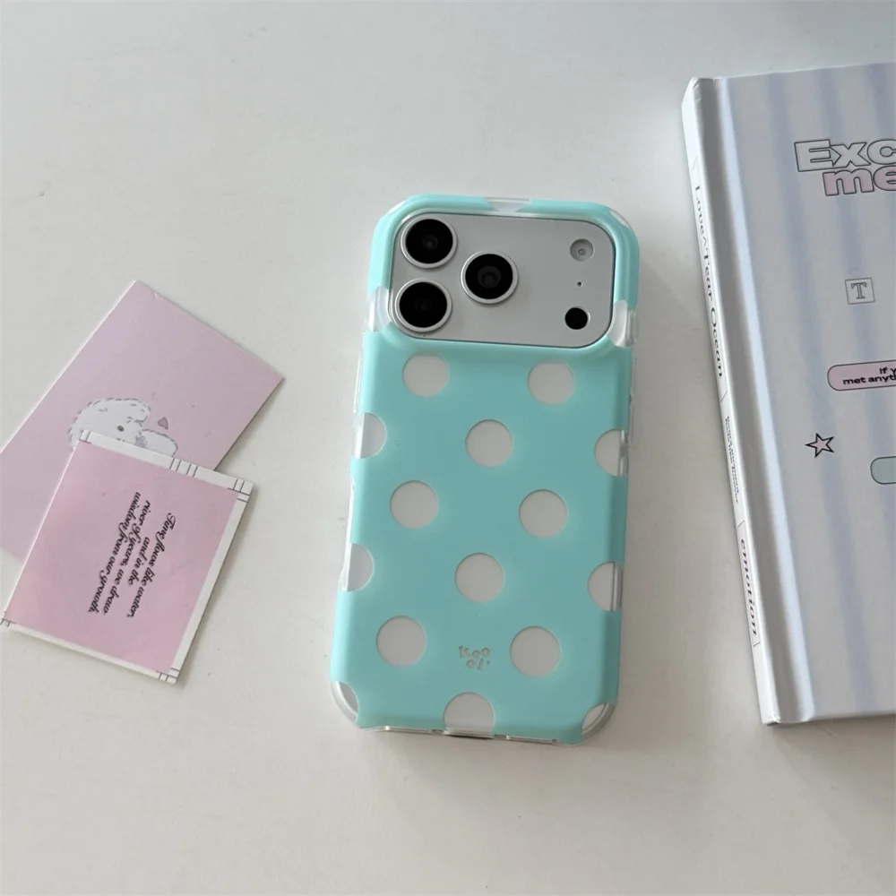 Mint Green White Polka Dot Phone Case For iPhone 15 16 17 Pro Max Simple Dot Pattern Matte Shockproof Phone Cover