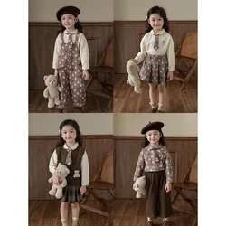 Girls' Bear Shirt Skirt Set Autumn New Children's Cute Vest Baby Strap Pants