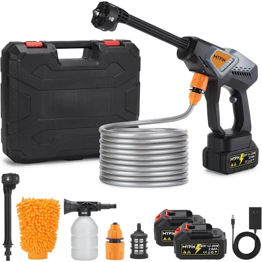 Portable Cordless Pressure Washer 600 PSI with 21V 2 Rechargeable 2.0Ah Batteries 6in1 Nozzle Attachment Dual Battery System fo