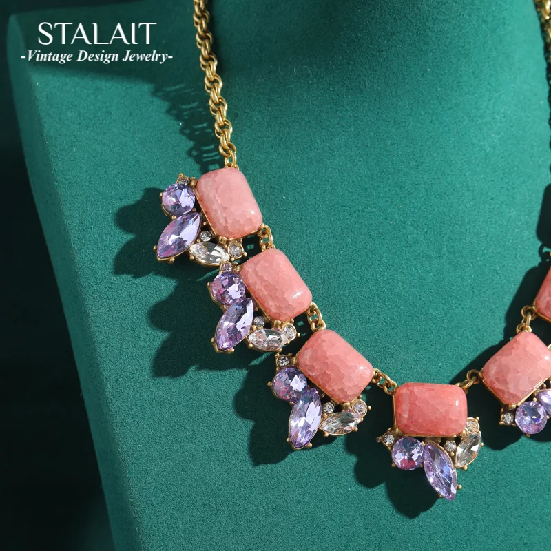 

Vintage Pink Collar Choker Necklace Purple Crystal Woman Natural Stone Pendant Luxury Designer Jewelry Gold Color 2025 Trends