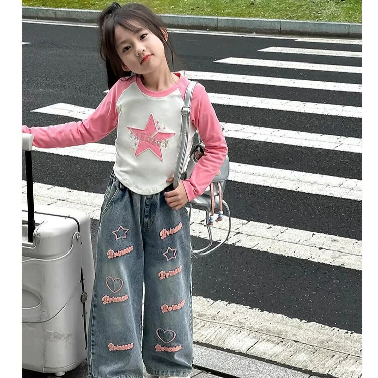 2025 Autumn Fashion Girls' Long Sleeved T-shirt Five Pointed Star Patch Long Sleeved Top+Letter Embroidered Jeans Two Piece Set