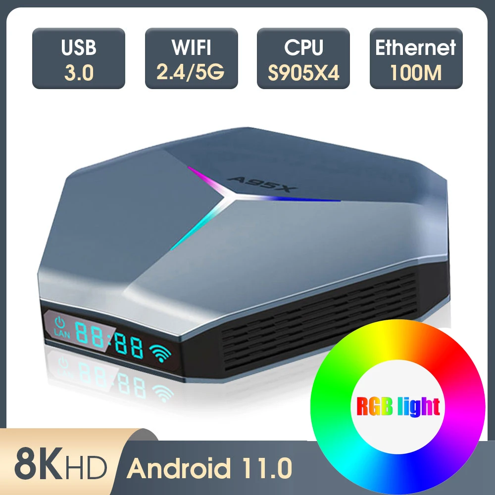 A95X F4 Android 11 Kotak TV Pintar 8K HD RGB Cahaya Amlogic S905X4 4GB 32GB 64GB 2.4G/5G Wifi Ganda BT4.1 Set Top Kotak TV