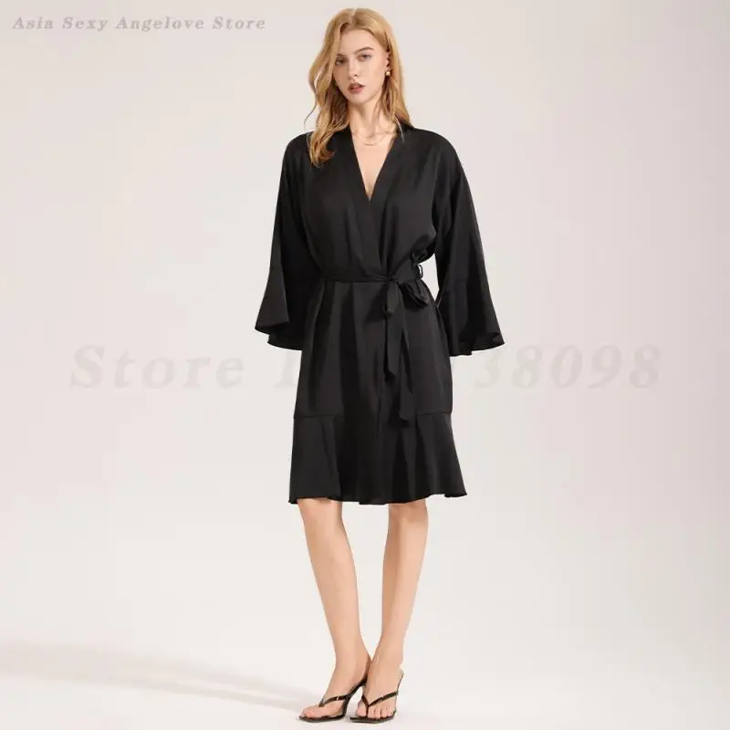 Female Satin Robe Black Home Dressing Gown Loose Casual Bathrobe Kimono Gown Summer Lotus Leaf Edge Nightgown Sexy Nightwear