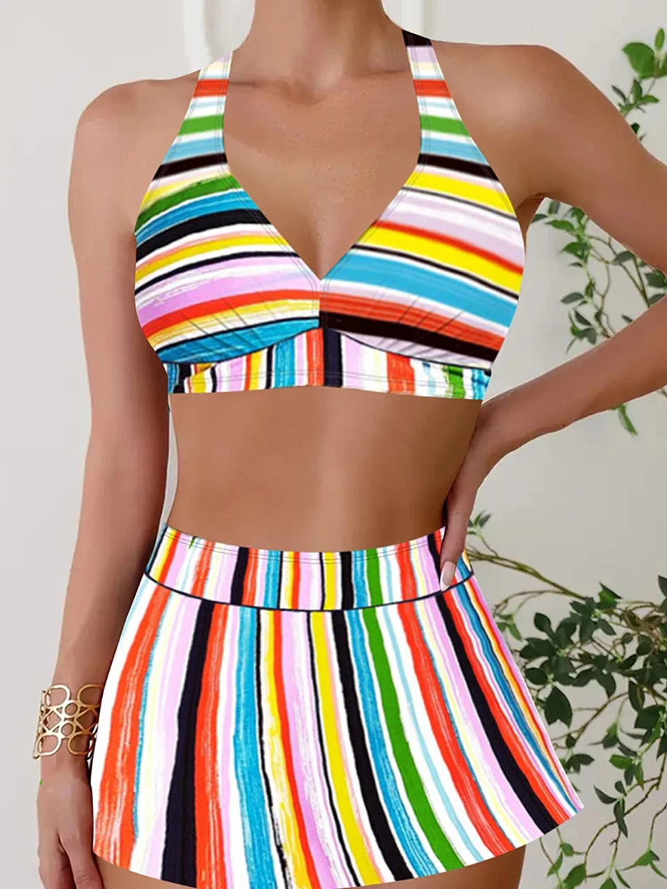 

2024 Women Halter Swimwear With Beach Skirt Swimsuit Lady Padded Swimsuit Female Bathers Bathing Swimming Suit Beach Wear 3XL