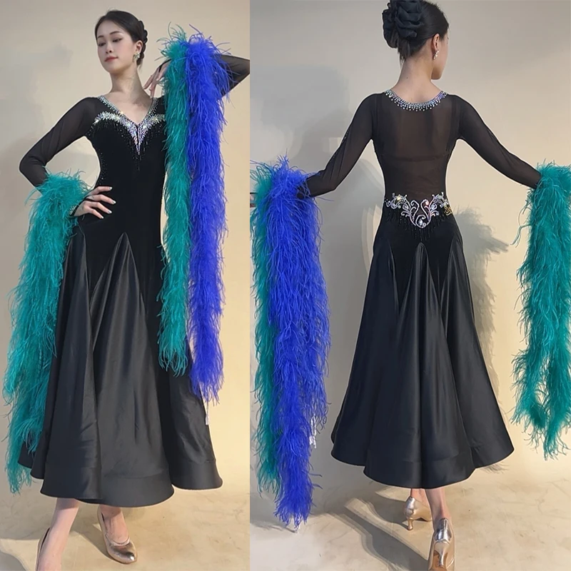2025 Waltz Ballroom Dance Competition Dress High Quality Feather Rhinestone Velvet Dress Prom Women Performance Costume BL17494