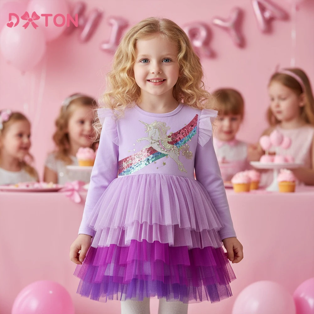 

DXTON Long Sleeve Winter Girls Dress Gradient Mesh Cake Luxury Children Party Clothing Sequined Unicorn Toddler Birthday Dresses
