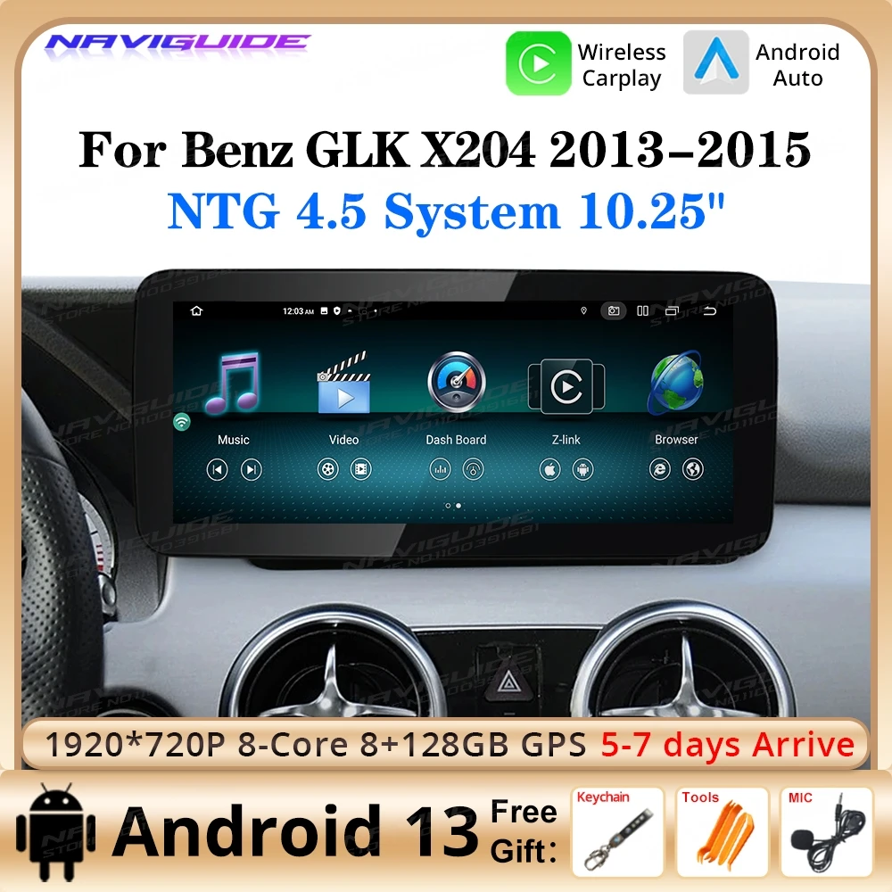 

NAVIGUIDE 10,25 "Android 13, автомобильный радиоприемник, мультимедийный плеер для Mercedes Benz GLK Class X204 NTG 4,5, беспроводной Carplay Android Auto