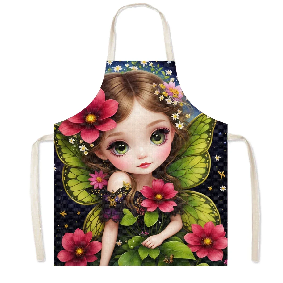 Cartoon Gothic Girls Print Kitchen Aprons Fantasy Angel Home Cleaning Clothing Linen Pinafore Waterproof Chef Cooking Apron