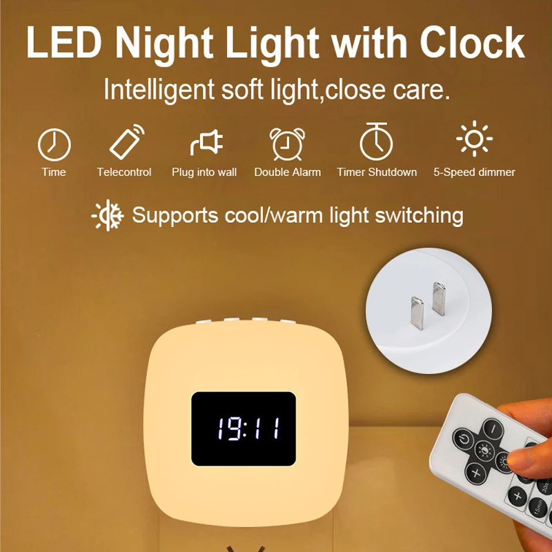 

LED Night Light with Alarm Clock Cold Light/Warm Light Remote Control Wall Lamp Bedroom Corridor Wireless Lighting Children Gift