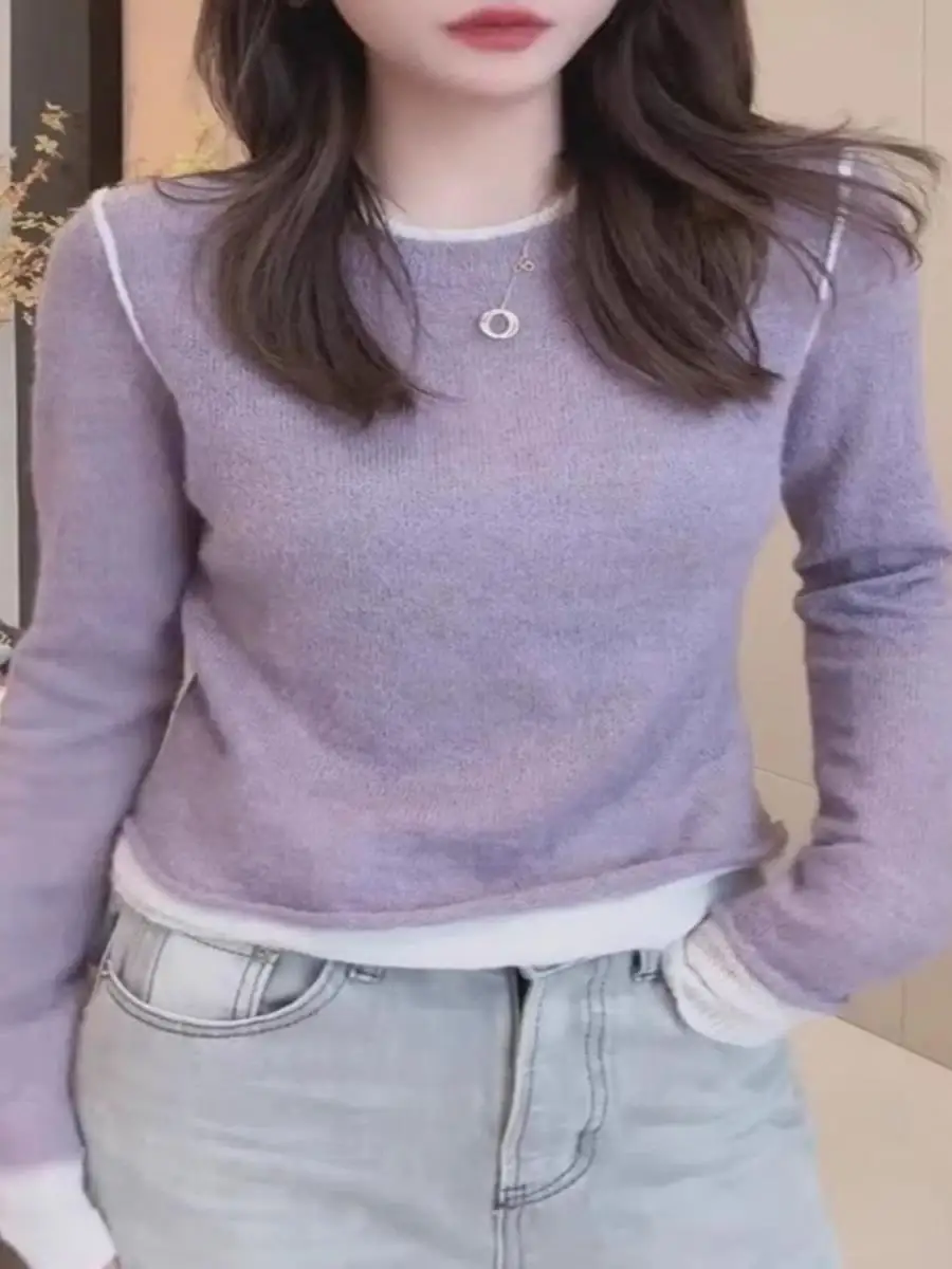 الكورية Sle الحلو اللون بلو وهمية قطعتين متماسكة سترة طويلة Sve قاعدة طبقة irt الخريف الشتاء التخسيس العصرية