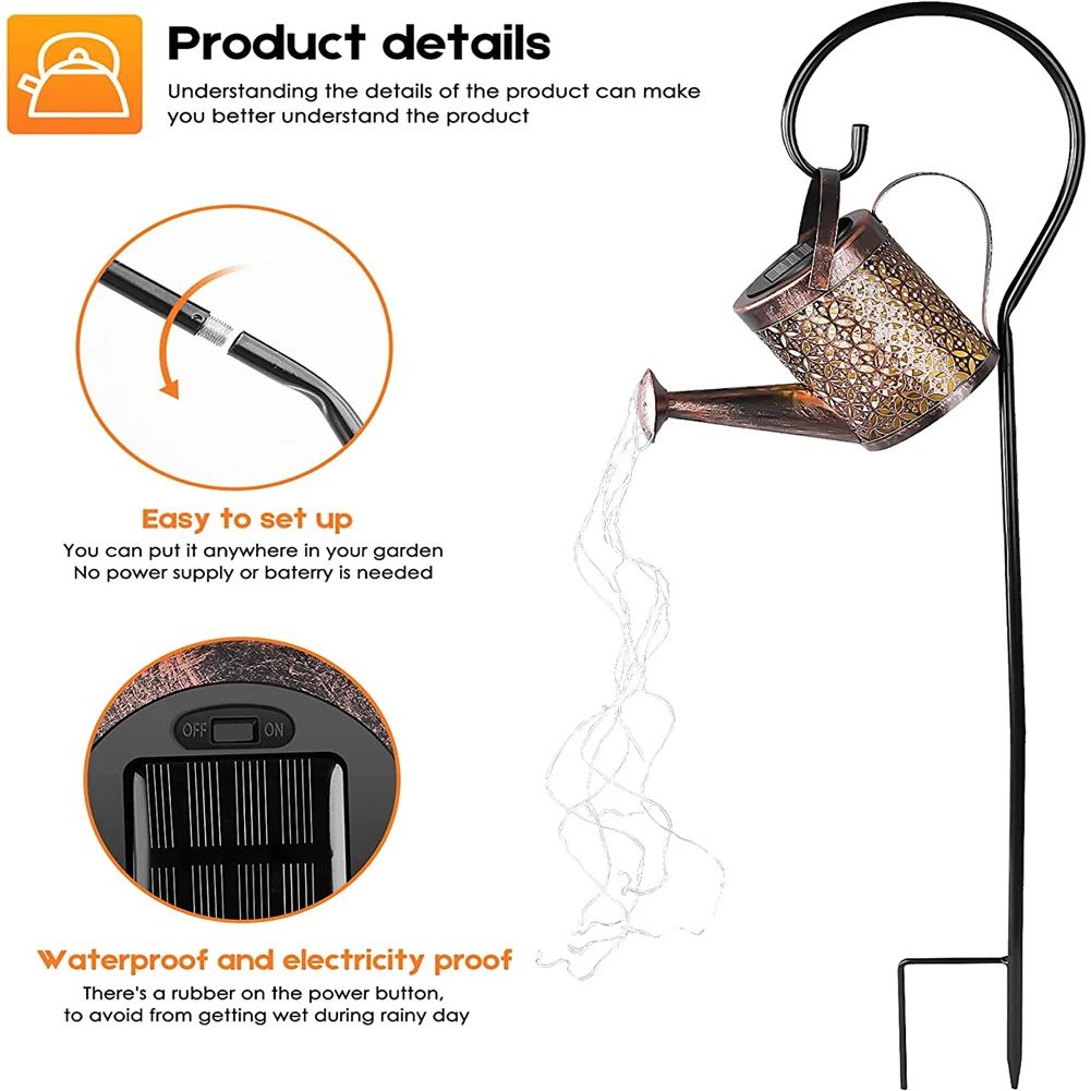 Metal Led Solar Waterfall Garden Light Waterproof Anti-rust Auto On/off Outdoor Decoration Watering Can Stake Lighting Lamp