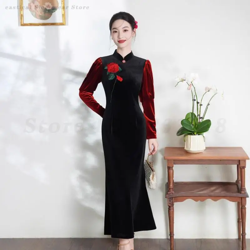 

Chinese Traditional Dress Velvet Fish Tail Slim Qipao Big Size Vintage Cheongsam Autumn New Oriental Gown Classic Elegant Qipaos
