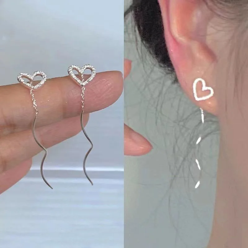 Exquisitos pendientes colgantes de cristal para mujer, aretes largos con borla de corazón, línea de oreja coreana, joyería de fiesta de moda, regalo para niñas