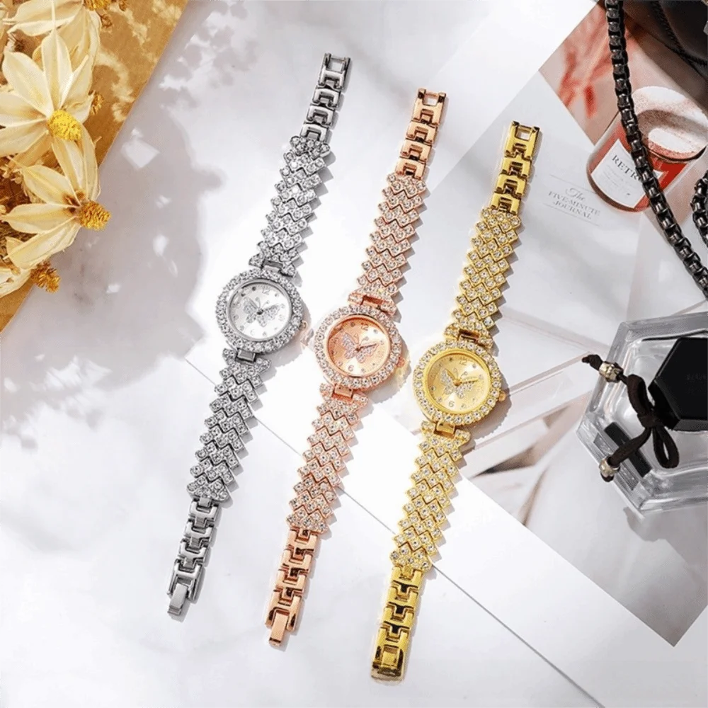 Bling Butterfly Diamond Women Quartz Watch Full Rhinestone Metal Bracelet Ladies Wrist Watch