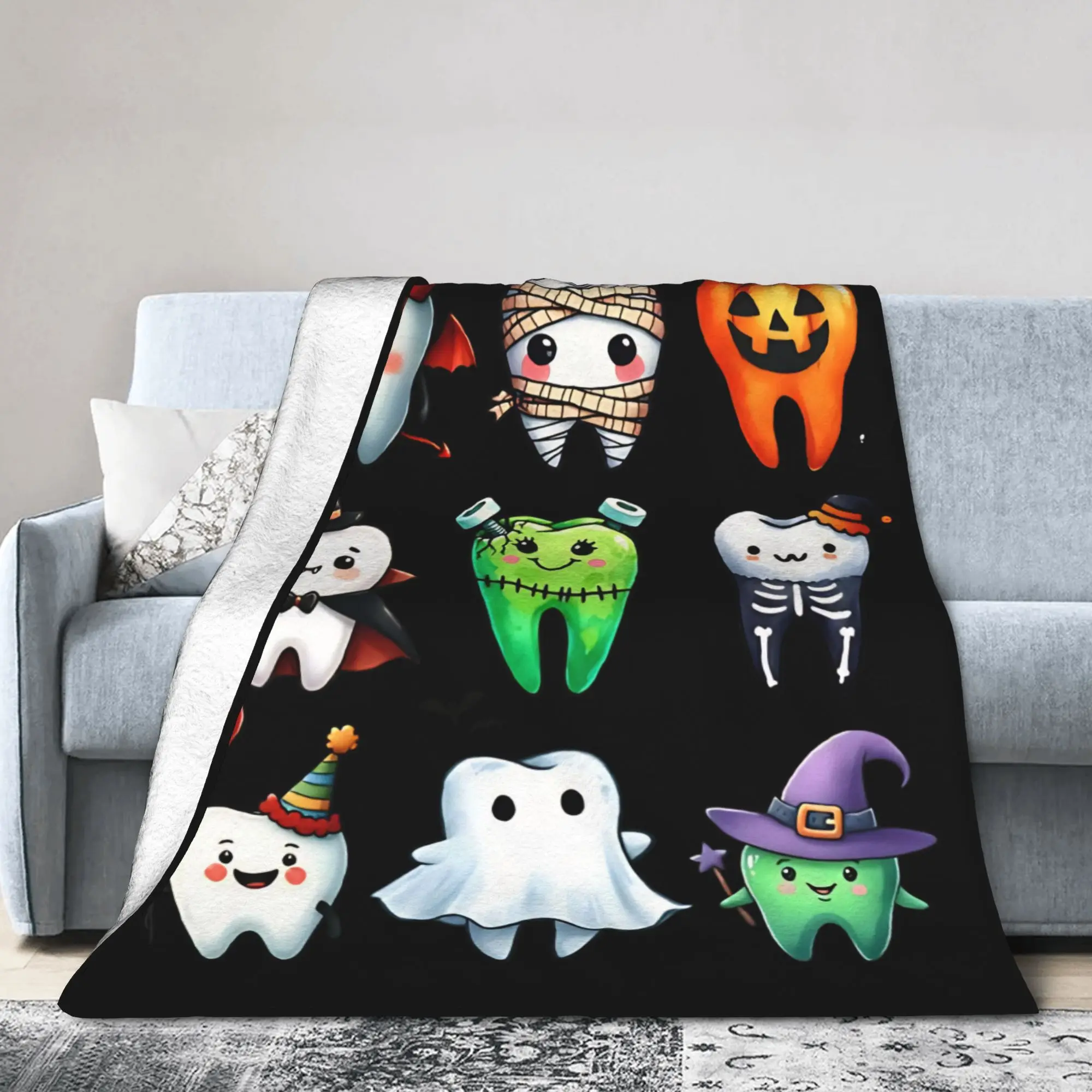 Spooky Teeth Dental Squad  Knitted Blanket Flannel Cartoon Teeth Helloween Super Warm Throw Blanket for Bed Bedspread