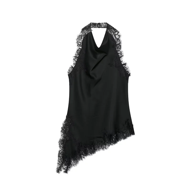 MUJER Schwarze Spitzenoberteile für Damen, asymmetrisches Neckholder-Damenoberteil, sexy rückenfreies Satin-Top, schulterfreies Leibchen-Top für Damen