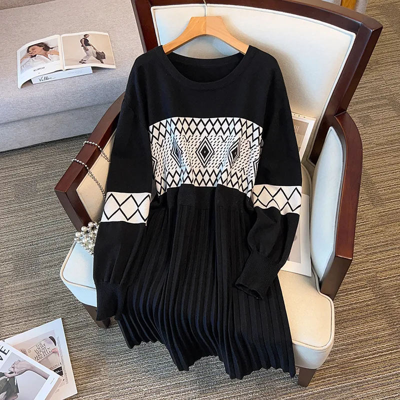 

155Kg Plus Size Women's Bust 160 Autumn Winter Loose Long O Neck Sweater Dress Black 5XL 6XL 7XL 8XL 9XL 10XL