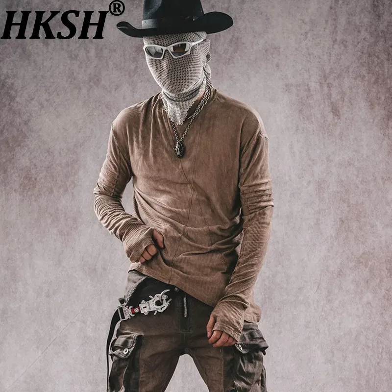 HKSH Spring Autumn Men Tide Pink Waste Land Stretch Asymmetric Hem Patchwork Batik Washed Retro Ins Long Sleeve T-shirt HK17059