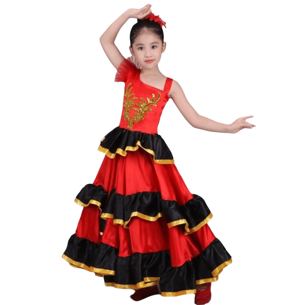 Wysokiej jakości satynowa sukienka do tańca, miękka, czerwono-czarna sukienka sceniczna, długa sukienka do tańca brzucha.