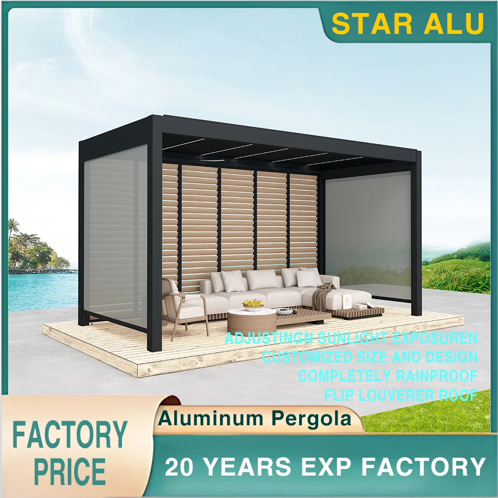 

Customized Aluminum Pergola Luxury Outdoor Aluminum Pergola with Folding Glass Doors and Adjustable Louvered Roof