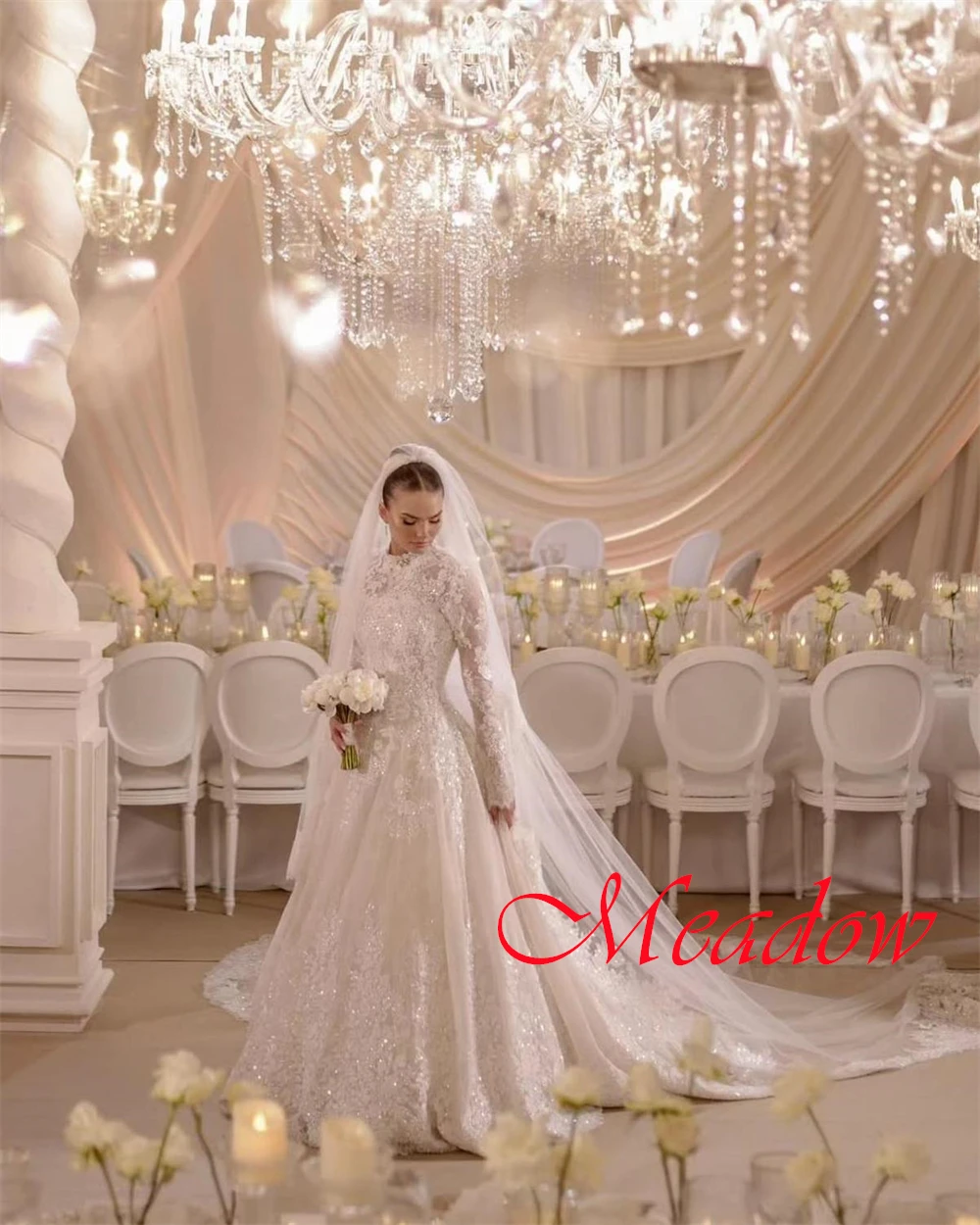 Exquisitos vestidos de novia de tul blanco personalizados, elegante vestido de novia de manga larga con cuello redondo, vestido de novia con cremallera en la espalda