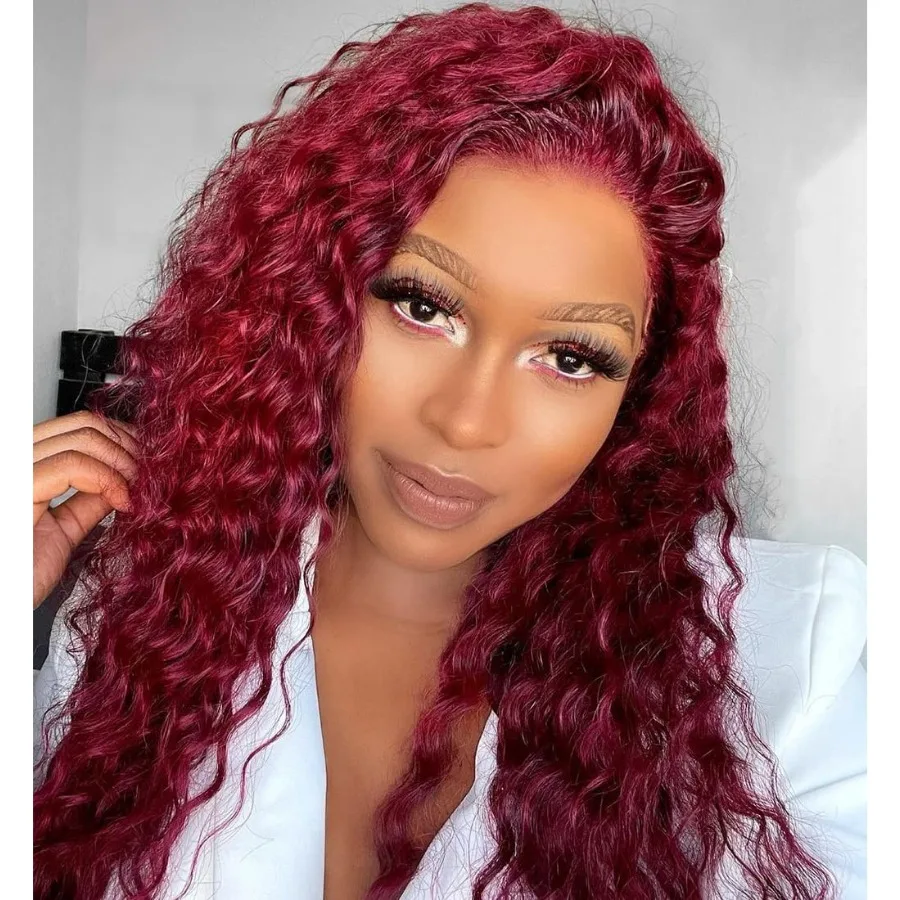 GIANNAY Parrucche anteriori in pizzo riccio rosso Parrucca in pizzo bordeaux Parrucca anteriore in pizzo sintetico a onde lunghe rosso scuro con capelli del bambino prepizzicati