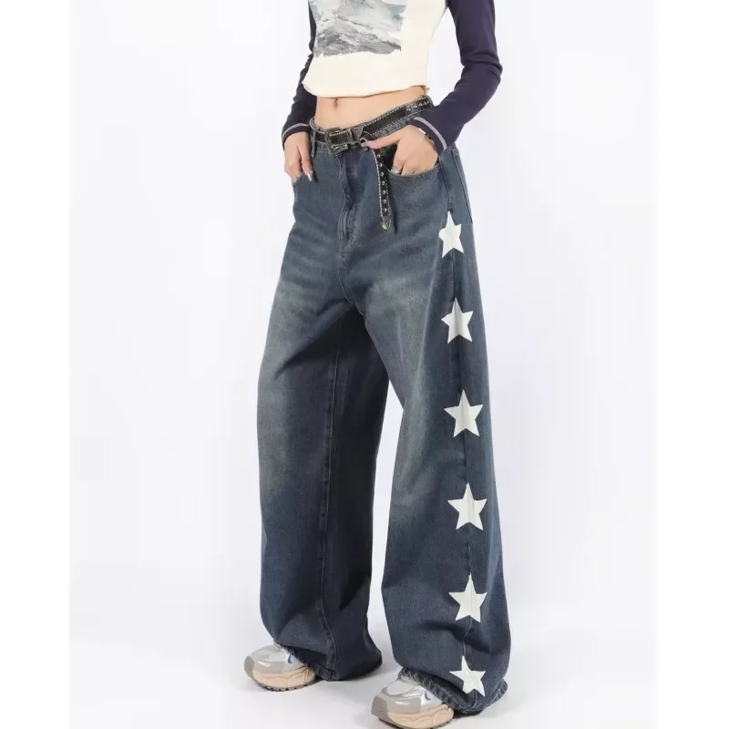 

Blue Jeans Women Star Print High Waist American Wide Leg Pants Y2K Style Fashion Female Pants 2023 NEW Autumn Straight Trousers