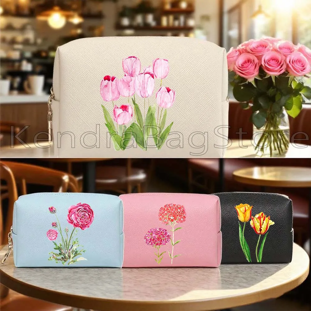 Gelb Rosa Kosmos Rosen Tulpen Gänseblümchen Mohn Blumen Hyazinthe Geschenke PU Reise Kosmetiktaschen Make-up Fall Wasserdichte Aufbewahrungstaschen