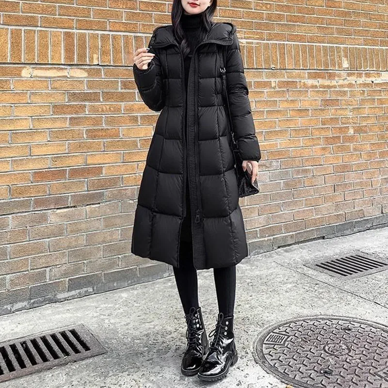 Ropa de mujer nuevo corsé de invierno negro impermeable de algodón mujeres elegante moda gruesa sudaderas con capucha Midi cintura elástica Parkas cuadradas