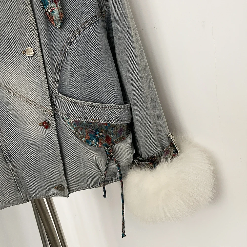 المرأة الخريف الشتاء جديد أوزة أسفل معطف الإناث جديد الدنيم سترة أسفل سترة ريال فوكس الفراء طوق سميكة الدافئة سترة منفوخة سيدة #5