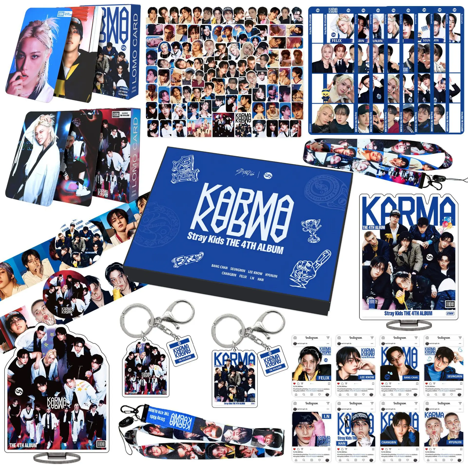 New Skzoo Stray Kids Big Gift Box Karma Skz Peripheral Set Keychain Card Hanging Rope Stickers Bookmark Standing Sign Fans Gift