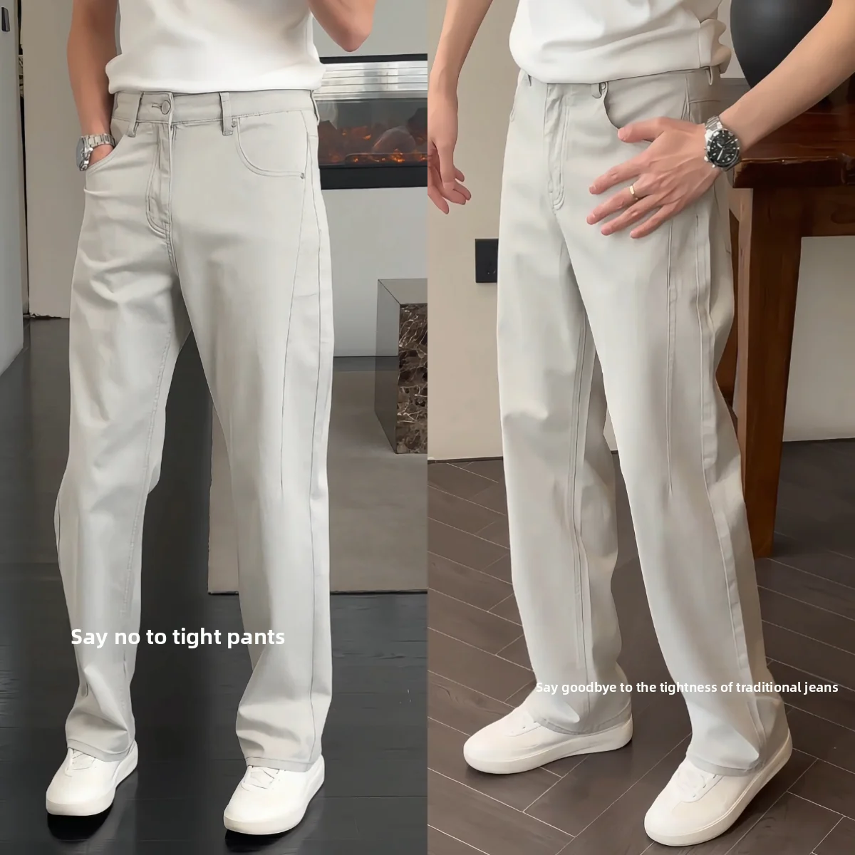 

Trendy Fce Lined Straight Leg Men's Casual Pants High Quali Korean Sle Design Spring Autumn Season Breathable Jeans
