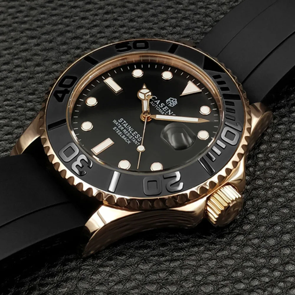 ساعات المعصم الميكانيكية الرجال التلقائي العلامة التجارية الفاخرة ساعة رجالي الذهب الفولاذ المقاوم للصدأ الياقوت الزجاج سيليكون ساعة جديدة CASENO