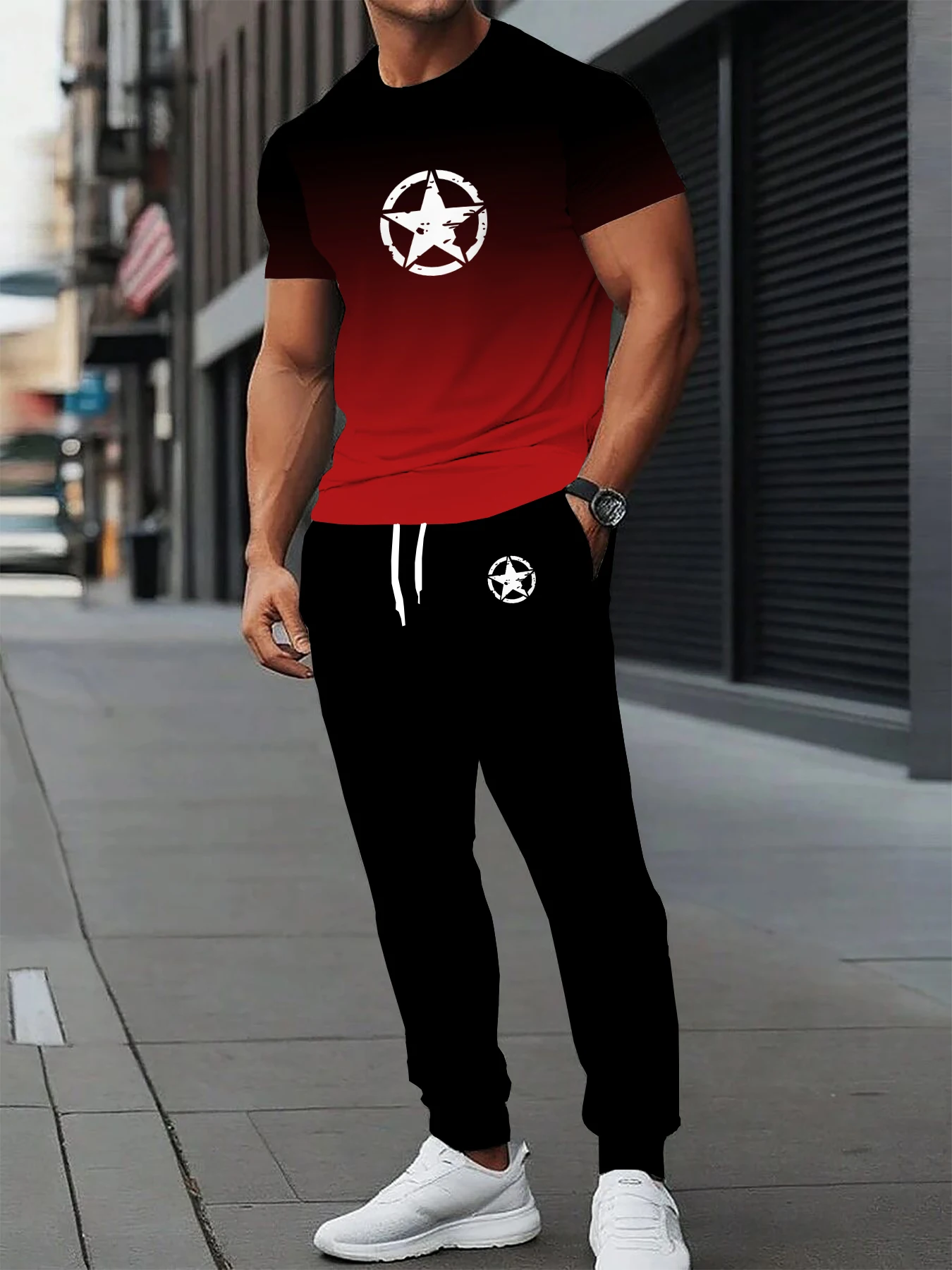 

Summer men's casual sports short sleeved pants 2-piece set with pentagram print soft and comfortable outdoor men's clothing
