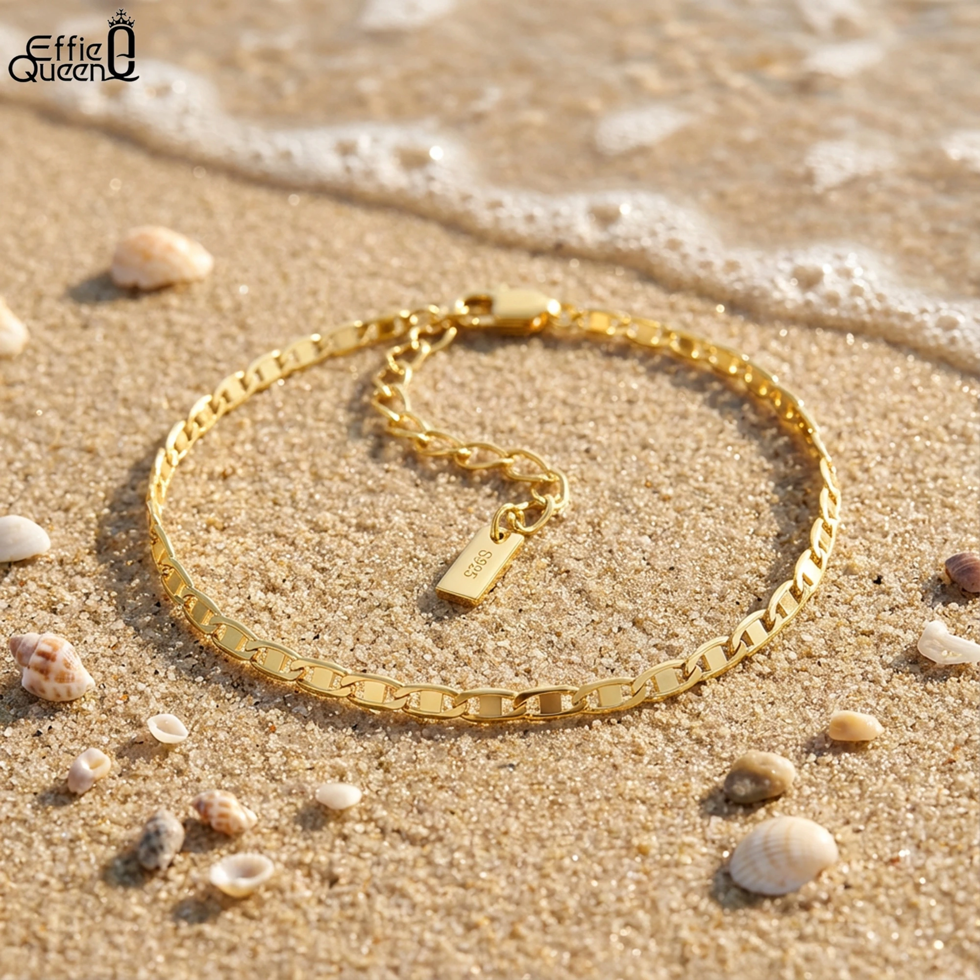 

EFFIE QUEEN 100% серебро S925, 14-каратное золото, цепочка для регби, простые украшения для женщин, летний пляжный модный аксессуар для лодыжки SA29