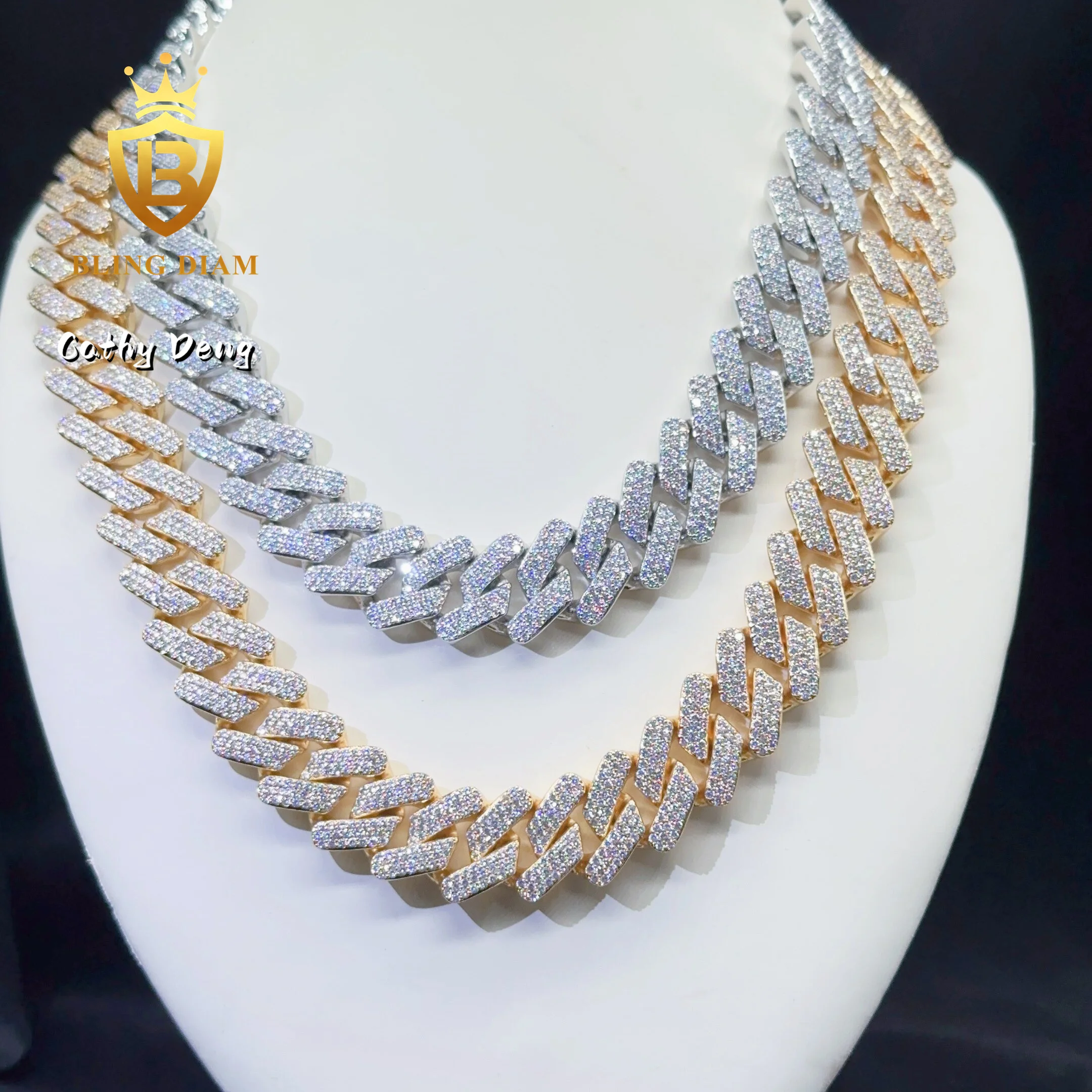 Factory Price Big 19mm 3 Row Gold Plated Zircon Diamond Cuban Link Chain Brass Shing Hihop Miami Chain for Men