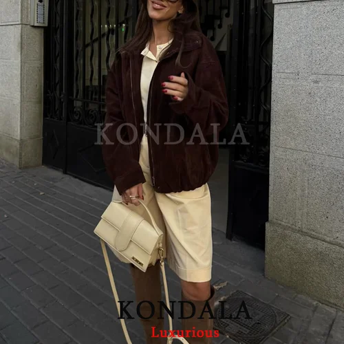 Imagen 2 del producto KONDALA, ropa de calle, chaqueta marrón elegante de gamuza para mujer, abrigos Bobmer de manga larga con cremallera, moda 2025 Otoño Invierno, prendas de vestir informales elegantes