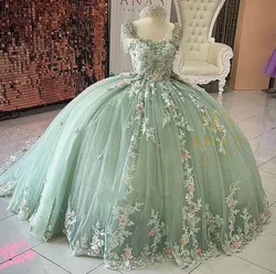 ANGELSBRIDEP Sage Green Quinceanera Dress With 3D Flowers Appliques Beading Corset Sweet 15 Vestidos De Quinceañera Customized