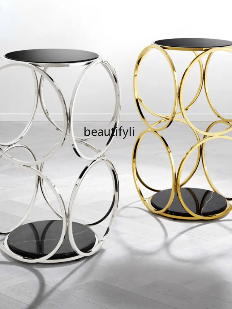 yj Nordic Side Table Light Luxury Stainless Steel Gold-Plated Tempered Glass round Corner Table