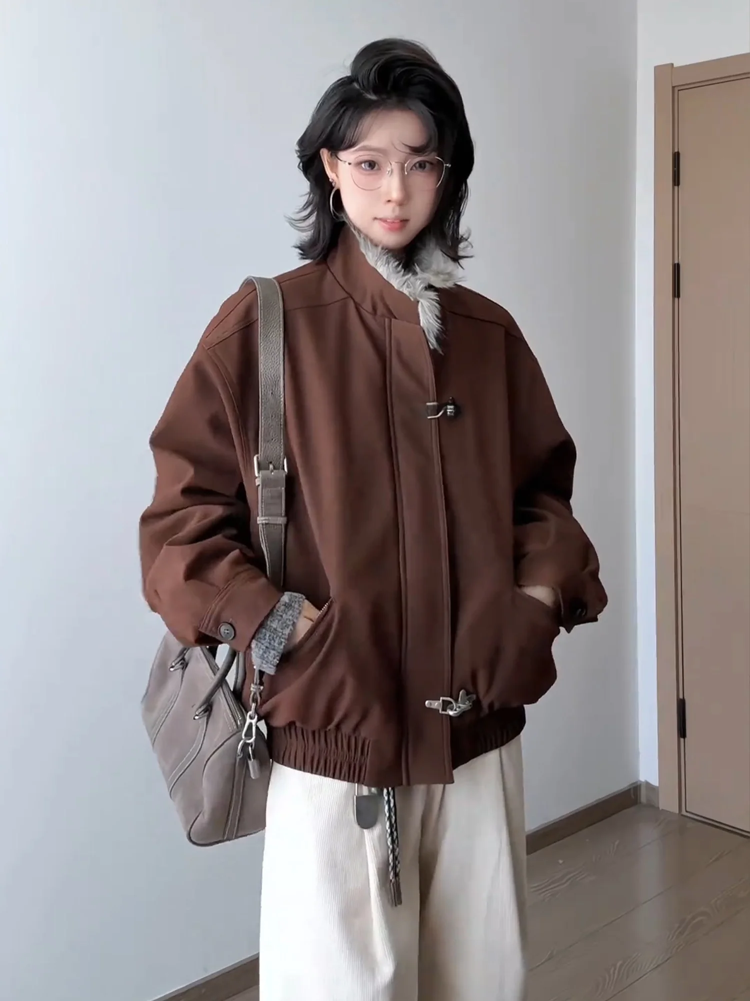 

Thiened Retro Workwear Sle Pilot Jaet Cotton Coat Men Women Winter Warm Stand Collar Zipper ket Casual Faion Coat