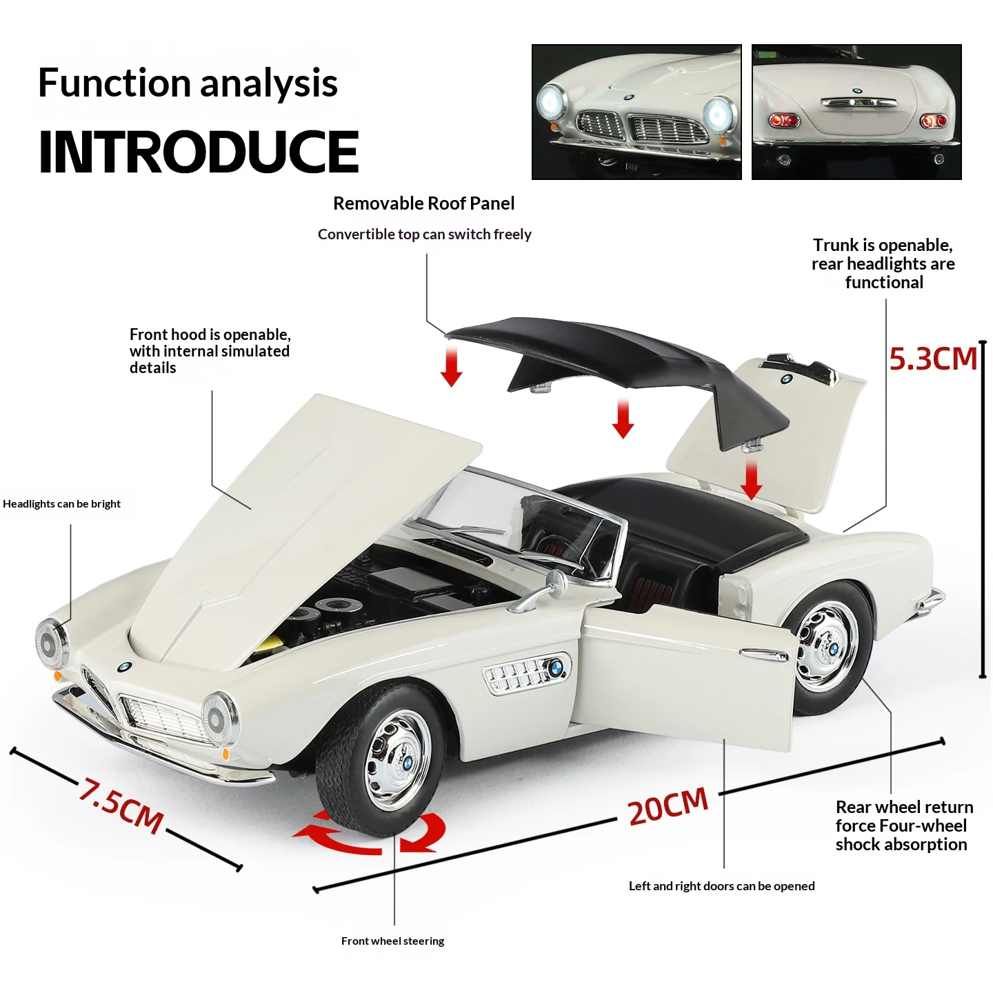 Metal Die-casting BMW 507 Convertible Sports Car Model Simulation Sound and Light Retro Classic Car Toy Holiday Gift for Boys