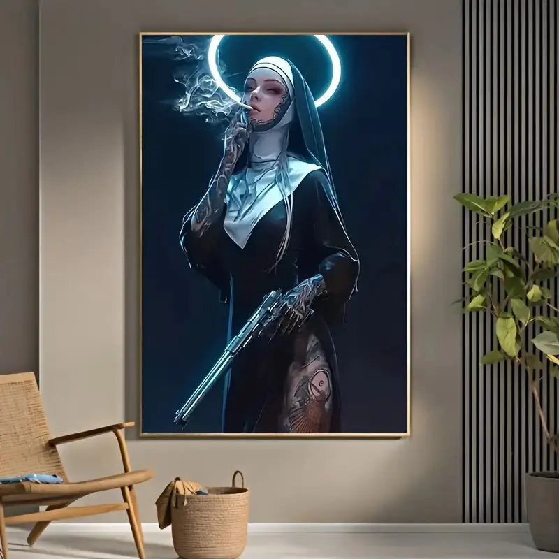 Lukisan Kanvas Cetak Biarawati Pistol Gelap - Dekorasi dinding rumah, cocok untuk rumah, kantor, bar, pesta