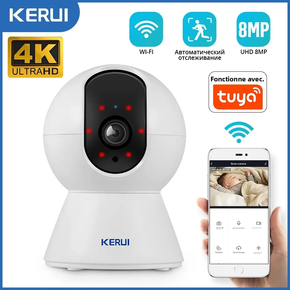 Caméra IP WiFi miniature KERUI 5MP 8MP 4K HD, caméra de sécurité intérieure sans fil, surveillance domestique CCTV avec suivi automatique intelligent Tuya