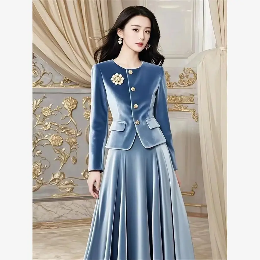 2 ชิ้นชุดภาษาฝรั่งเศสคํา Vintage Elegant กํามะหยี่สีฟ้าเสื้อแขนยาวผู้หญิงฤดูใบไม้ร่วงฤดูหนาว High-end Luxury High เอวพับชุด