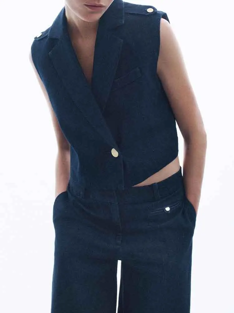 

Новая женская одежда в европейском стиле, модный и универсальный темпераментный однотонный джинсовый костюм, жилет, брючный костюм