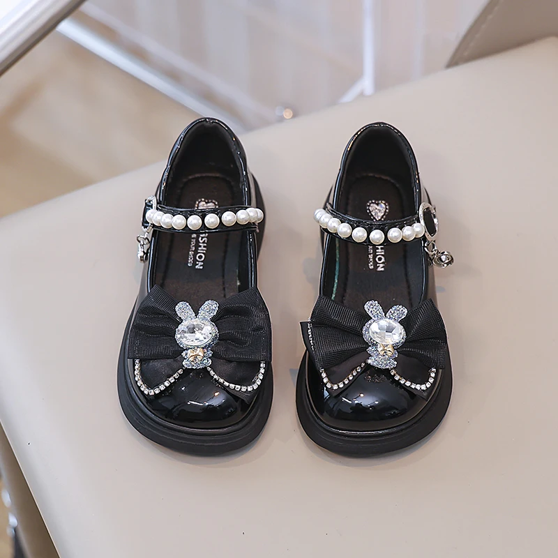 2024 New Girls Leather Shoes with Rhinestones Bear PU Simple Non-slip Children Fashion Princess Shallow Loafers Drop