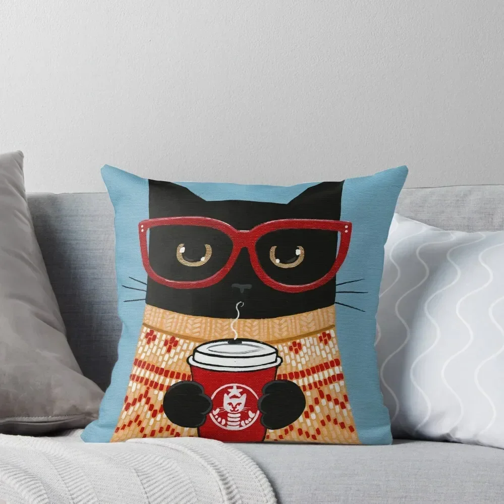 

Black Cat in Sweater with Latte Throw Pillow Cusions Cover Christmas Throw Pillows Covers christmas supplies pillow