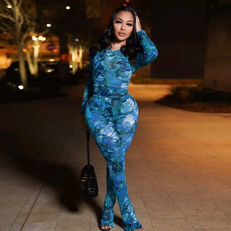 

Sexy Mesh Floral Printed Sheath Party Women Two Piece Set Long Sleeve O-neck Top and Wide Leg Pants Night Clubwear Matching Sets