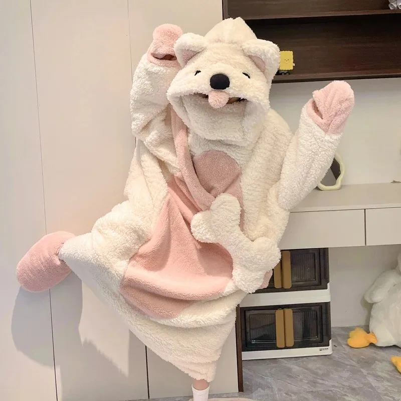 

Пижамы с милой собакой из мультфильма, женские осенне-зимние утепленные халаты из кораллового флиса с подкладкой, повседневная мягкая теплая домашняя одежда, пижамы Feminino